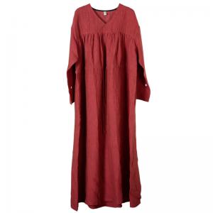 High-End Linen Rust Maxi Dress Loose-Fit Drawstring Resort Dress