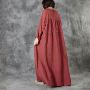 High-End Linen Rust Maxi Dress Loose-Fit Drawstring Resort Dress