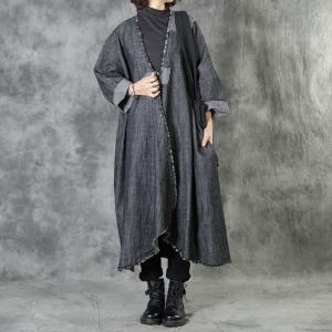 Gray Cloth Patchwork Baggy Coat Raw Hem Cotton Linen Cardigan