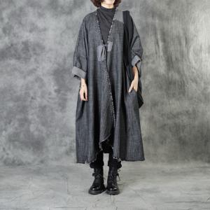 Gray Cloth Patchwork Baggy Coat Raw Hem Cotton Linen Cardigan