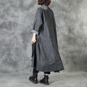 Gray Cloth Patchwork Baggy Coat Raw Hem Cotton Linen Cardigan