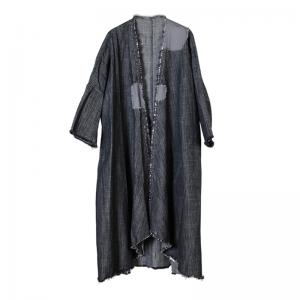 Gray Cloth Patchwork Baggy Coat Raw Hem Cotton Linen Cardigan