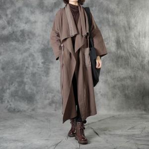 Patch Pocket Designer Trench Coat Linen Brown Belted Duster Coat