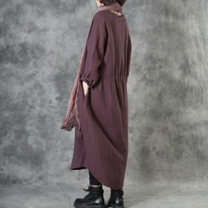 Chinese Style Patchwork Burgundy Cardigan Front Knot Linen Overcoat