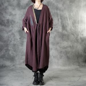 Chinese Style Patchwork Burgundy Cardigan Front Knot Linen Overcoat