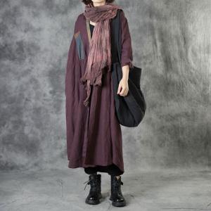 Chinese Style Patchwork Burgundy Cardigan Front Knot Linen Overcoat