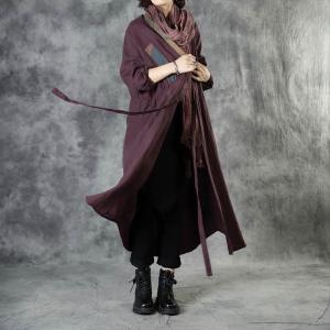 Chinese Style Patchwork Burgundy Cardigan Front Knot Linen Overcoat