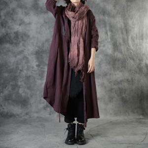 Chinese Style Patchwork Burgundy Cardigan Front Knot Linen Overcoat