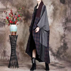 No Buttons Plus Size Checkered Coat Wool Striped Duster Coat