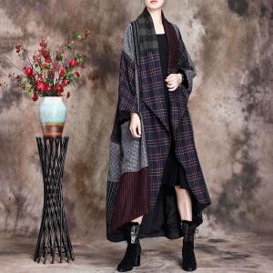No Buttons Plus Size Checkered Coat Wool Striped Duster Coat