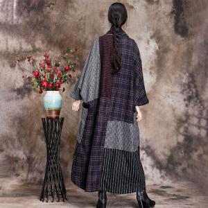 No Buttons Plus Size Checkered Coat Wool Striped Duster Coat