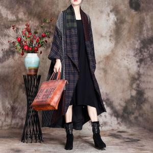 No Buttons Plus Size Checkered Coat Wool Striped Duster Coat