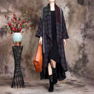 No Buttons Plus Size Checkered Coat Wool Striped Duster Coat