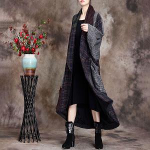 No Buttons Plus Size Checkered Coat Wool Striped Duster Coat