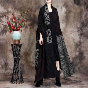 Abstract Pattern Long Black Coat Wool Large Asymmetrical Tied Coat