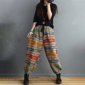 Colorful Striped Cotton Linen Carrot Pants Womens Drawstring Balloon Pants