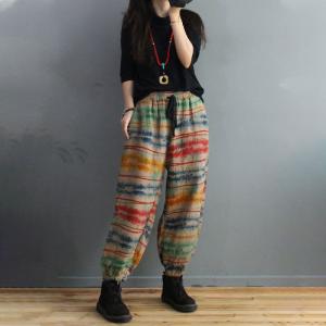 Colorful Striped Cotton Linen Carrot Pants Womens Drawstring Balloon Pants