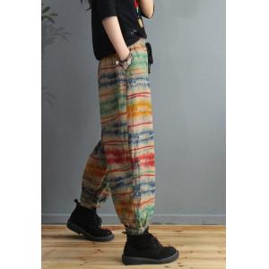 Colorful Striped Cotton Linen Carrot Pants Womens Drawstring Balloon Pants