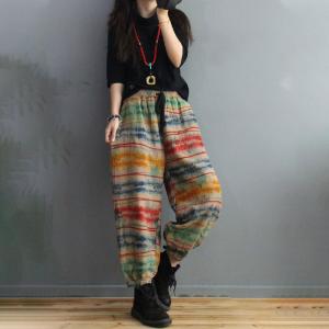 Colorful Striped Cotton Linen Carrot Pants Womens Drawstring Balloon Pants