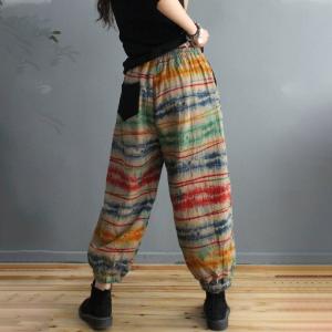 Colorful Striped Cotton Linen Carrot Pants Womens Drawstring Balloon Pants