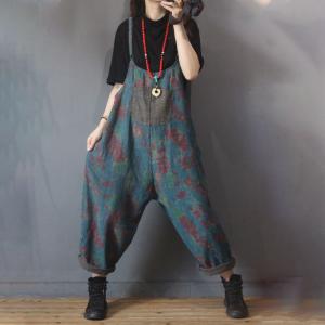 Patch Pocket Loose Printed Overalls Womens Cotton Linen Slip Dungarees