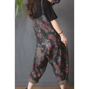 Patch Pocket Loose Printed Overalls Womens Cotton Linen Slip Dungarees