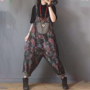 Patch Pocket Loose Printed Overalls Womens Cotton Linen Slip Dungarees