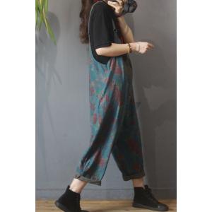 Patch Pocket Loose Printed Overalls Womens Cotton Linen Slip Dungarees