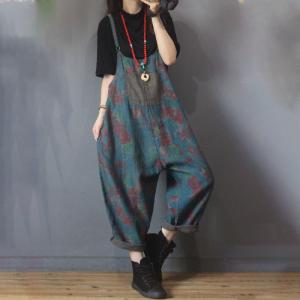 Patch Pocket Loose Printed Overalls Womens Cotton Linen Slip Dungarees