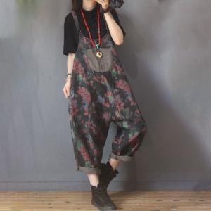 Patch Pocket Loose Printed Overalls Womens Cotton Linen Slip Dungarees