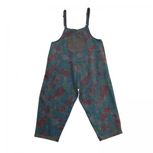Patch Pocket Loose Printed Overalls Womens Cotton Linen Slip Dungarees