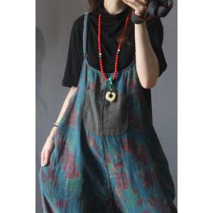 Patch Pocket Loose Printed Overalls Womens Cotton Linen Slip Dungarees