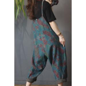 Patch Pocket Loose Printed Overalls Womens Cotton Linen Slip Dungarees
