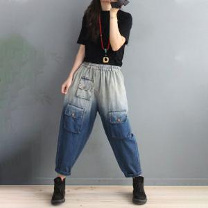 Flap Pockets Korean Cuffed Jeans Blue Fading Relax Fit Jeans