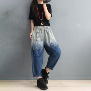 Flap Pockets Korean Cuffed Jeans Blue Fading Relax Fit Jeans