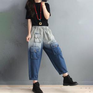 Flap Pockets Korean Cuffed Jeans Blue Fading Relax Fit Jeans