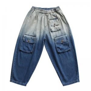 Flap Pockets Korean Cuffed Jeans Blue Fading Relax Fit Jeans