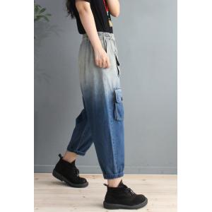 Flap Pockets Korean Cuffed Jeans Blue Fading Relax Fit Jeans