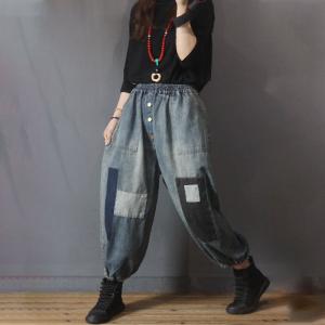 Colored Patchwork Button Fly Jeans Baggy Fluffy Jeans for Women