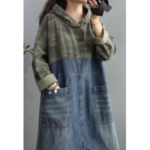 Pockets Decoration Denim Hooded Dress Midi Camo Dress