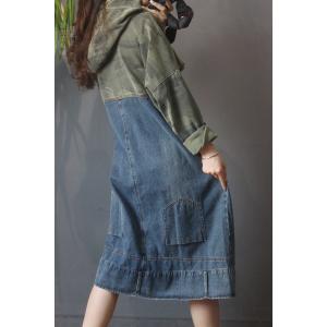 Pockets Decoration Denim Hooded Dress Midi Camo Dress