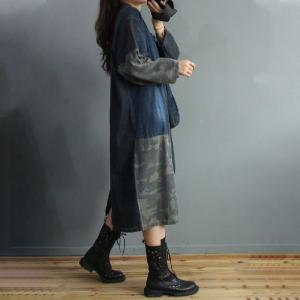 Original Design Oversized Jean Shirt Dress Big Pocket Camo Midi Dress