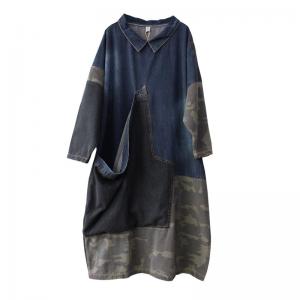 Original Design Oversized Jean Shirt Dress Big Pocket Camo Midi Dress