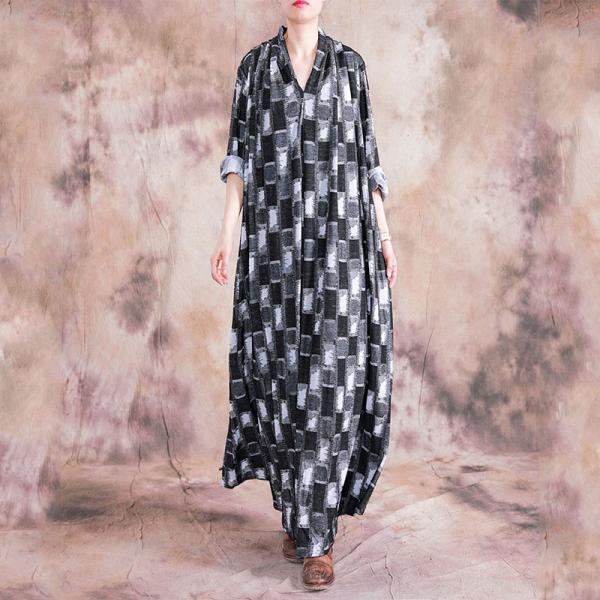 Fall Fashion Cotton Linen Checkered Caftan Designer Plus Size Maxi Dress