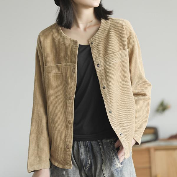 Button Fly Womens Corduroy Shirt Crew Neck Oversized Jacket