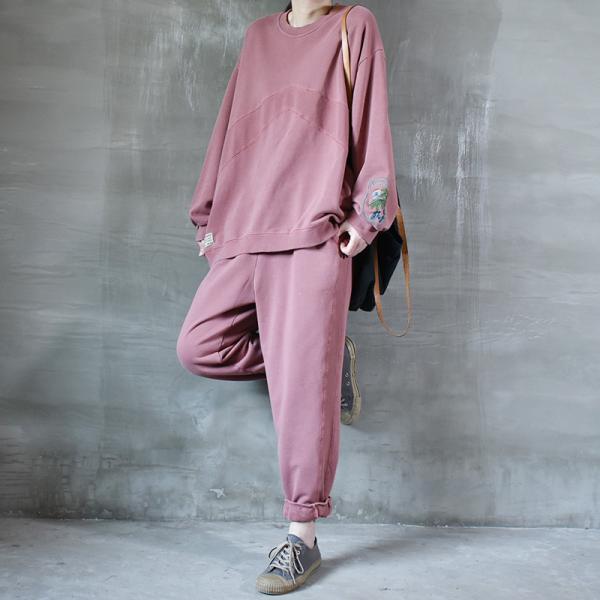 Casual Style Embroidered Sweatshirt with Cotton Loose Pant Sets