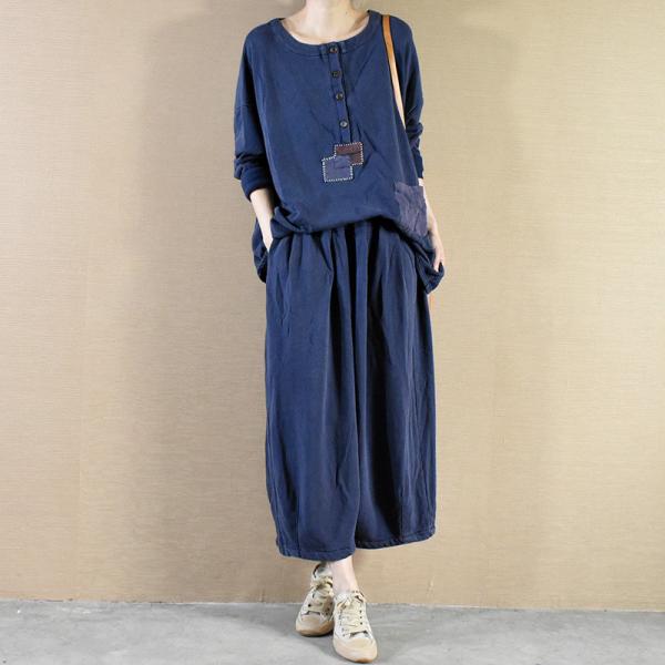 Embroidered Patchwork Oversized Tee with Cotton Wide Leg Pants