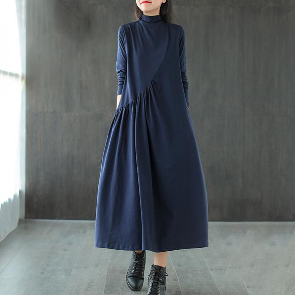 Solid Color Fit and Flare Turtleneck Dress Cotton Midi Knit Dress