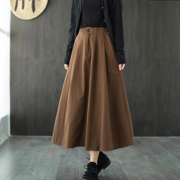 Ladylike Cotton Maxi Skirt Plain Pleated A-Line Skirt