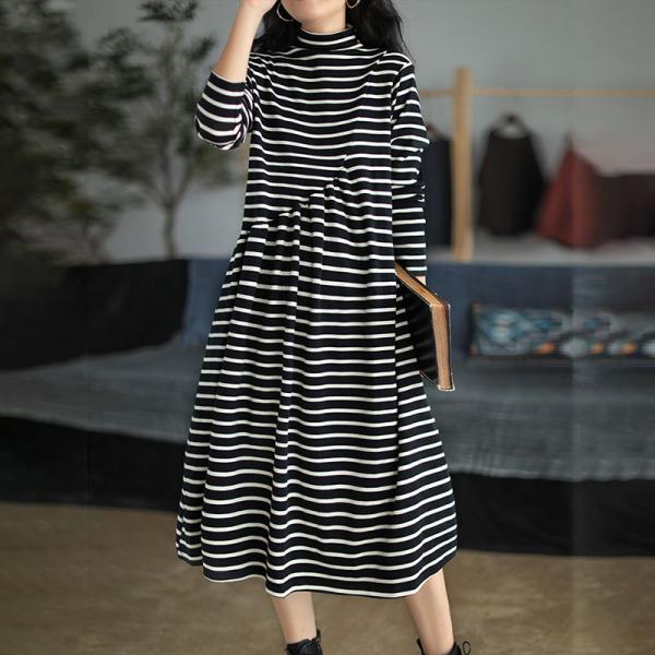 Casual Style Horizontal Striped Dress Loose Cotton Mock Neck Dress in ...